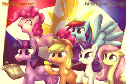 Size: 1600x1063 | Tagged: safe, artist:pshyzomancer, applejack, fluttershy, pinkie pie, rainbow dash, rarity, twilight sparkle, alicorn, pony, g4, askthefillypines, female, mane six, mare, twilight sparkle (alicorn)