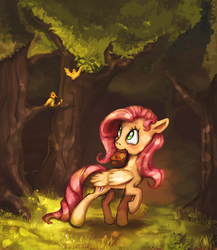 Size: 812x937 | Tagged: safe, artist:theorderofalisikus, fluttershy, bird, g4, bag, bird feed, folded wings, forest, looking at something, looking back, looking up, mouth hold, raised hoof, tree