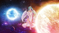 Size: 2560x1436 | Tagged: safe, artist:gpro587, artist:sakuranoruu, edit, princess celestia, human, g4, clothes, dress, female, horn, horned humanization, humanized, solo, space, stars, wallpaper, winged humanization