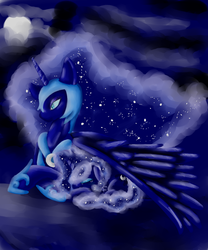 Size: 2500x3000 | Tagged: safe, artist:reiga92, nightmare moon, princess luna, alicorn, pony, g4, duality, high res, hug, moon, night, prone, protecting, self ponidox, winghug