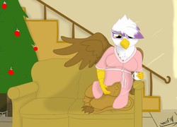 Size: 1280x924 | Tagged: safe, artist:theimmortalwolf, gilda, griffon, anthro, g4, belly, big belly, christmas, christmas tree, couch, crouching, female, pregnant, solo, tree