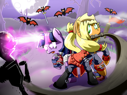 Size: 1757x1308 | Tagged: safe, artist:ultimatewino, applejack, twilight sparkle, bat, g4, beam, castlevania, castlevania: portrait of ruin, charlotte aulin, crossover, jonathan morris, magic, mouth hold, rearing, sword, whip, whipping