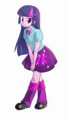 Size: 342x600 | Tagged: dead source, safe, artist:pan, twilight sparkle, alicorn, equestria girls, g4, bowtie, clothes, female, leaning, looking at you, pixiv, shirt, simple background, skirt, solo, twilight sparkle (alicorn), white background