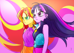 Size: 840x600 | Tagged: safe, artist:pan, sunset shimmer, twilight sparkle, equestria girls, g4, my little pony equestria girls: rainbow rocks, badass, duo, pixiv, shit just got real, twilight sparkle (alicorn), twilight-shimmer team