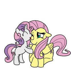 Size: 1000x1000 | Tagged: safe, artist:madmax, fluttershy, sweetie belle, pegasus, pony, unicorn, g4, cute, duo, female, filly, foal, licking, mare, one eye closed, simple background, white background