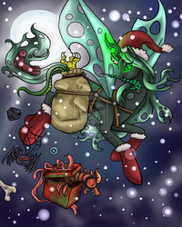 Size: 2000x2500 | Tagged: safe, artist:secretsheik, queen chrysalis, changeling, changeling queen, spider, g4, bedroom eyes, bone, candy cane, christmas changeling, clothes, coal, female, flying, hat, high res, jack-in-the-box, magic, mouth hold, present, santa hat, smiling, snow, snowfall, socks, solo, the nightmare before christmas