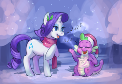 Size: 2900x2009 | Tagged: safe, artist:corelle-vairel, rarity, spike, g4, caroling, clothes, female, high res, holly, male, scarf, ship:sparity, shipping, singing, snow, snowfall, straight, winter