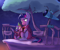 Size: 2700x2250 | Tagged: safe, artist:imsokyo, spike, twilight sparkle, alicorn, dragon, pony, daily life of spike, g4, balcony, blanket, cute, female, golden oaks library, high res, mama twilight, mare, no pupils, open mouth, spikabetes, stargazing, stars, telescope, twilight sparkle (alicorn)