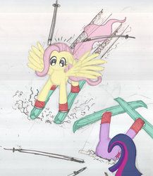 Size: 800x920 | Tagged: safe, artist:mystic2u, fluttershy, twilight sparkle, g4, butt, crash, plot, skiing, traditional art