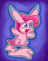 Size: 800x1000 | Tagged: safe, artist:heir-of-rick, pinkie pie, pikachu, g4, blue background, crossover, cute, female, impossibly large ears, open mouth, pinkachu, pokefied, pokémon, simple background, solo, species swap