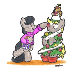 Size: 1417x1363 | Tagged: safe, artist:bobthedalek, oc, oc only, oc:mixed melody, oc:octavia's father, oc:octavia's mother, oc:ostinato melody, angel, earth pony, pony, christmas, christmas tree, clothes, costume, duo, female, male, sweater, traditional art, tree