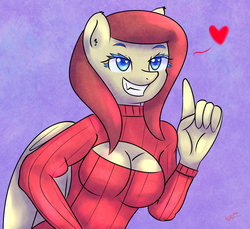 Size: 1200x1100 | Tagged: safe, artist:wolfy-pony, oc, oc only, oc:bloodershy, anthro, anthro oc, boob window, cleavage, clothes, female, heart, heart eyes, keyhole turtleneck, open-chest sweater, solo, sweater, turtleneck, wingding eyes