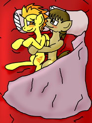 Size: 1353x1815 | Tagged: safe, artist:jrapcdaikari, spitfire, oc, oc:chocolate chips, earth pony, pegasus, pony, g4, bed, blanket, blushing, canon x oc, cuddling, female, firechips, hug, male, mare, pillow, shipping, snuggling, spooning, stallion, straight