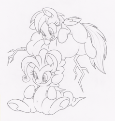 Size: 572x600 | Tagged: safe, artist:dfectivedvice, pinkie pie, rainbow dash, g4, belly button, cloud, grayscale, monochrome, traditional art, underhoof