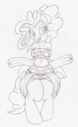 Size: 488x800 | Tagged: safe, artist:dfectivedvice, pinkie pie, earth pony, anthro, g4, arm hooves, clothes, female, grayscale, monochrome, pool noodle, pool toy, solo, swimsuit, traditional art