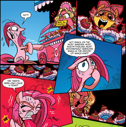 Size: 1262x1278 | Tagged: safe, artist:brenda hickey, idw, fawn doo, marcie pan, pinkie pie, friends forever #12, g4, my little pony: friends forever, spoiler:comic, food, phenomnomenons, pinkamena diane pie, pure unfiltered evil