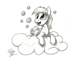 Size: 900x716 | Tagged: safe, artist:tsitra360, derpy hooves, pegasus, pony, g4, cloud, female, mare, monochrome, solo, traditional art