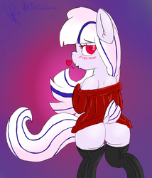 Size: 979x1146 | Tagged: safe, artist:magical disaster, oc, oc only, oc:fabulous jin, butt, clothes, female, plot, presenting, solo, stockings, sweater, the ass was fat, wide hips