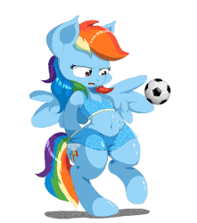 Size: 500x565 | Tagged: dead source, safe, artist:purple-yoshi-draws, artist:snowlik3, rainbow dash, pegasus, pony, semi-anthro, g4, animated, arm hooves, ball, belly button, bipedal, clothes, cute, dashabetes, female, football, kicking, mare, shorts, solo, sports, tank top, wide hips