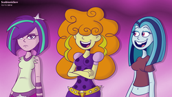 Size: 7112x4000 | Tagged: safe, artist:scobionicle99, adagio dazzle, aria blaze, sonata dusk, equestria girls, g4, absurd resolution, alternate hairstyle, belly button, bucktooth, ed edd n eddy, hair over eyes, hair over one eye, kanker sisters, lee kanker, loose hair, marie kanker, may kanker, midriff, style emulation, the dazzlings, the kanklings