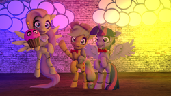 Size: 1024x576 | Tagged: safe, applejack, fluttershy, twilight sparkle, alicorn, pony, robot, robot pony, five nights at aj's, g4, 3d, animatronic, applefreddy, female, five nights at freddy's, flutterchica, happy, mare, source filmmaker, twibon, twilight sparkle (alicorn)