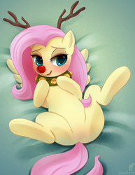 Size: 1280x1655 | Tagged: safe, artist:guinefurrie, edit, fluttershy, pegasus, pony, g4, adorasexy, antlers, bell, bell collar, belly, blushing, butt, collar, cute, explicit source, featureless crotch, female, jingle bells, looking at you, mare, on back, plot, rudolph the red nosed reindeer, sexy, sfw edit, shyabetes, solo, spread legs