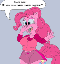 Size: 929x1000 | Tagged: safe, artist:idiotfarm, pinkie pie, earth pony, anthro, g4, breasts, female, finger under nose, macro, pre sneeze, solo
