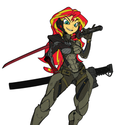 Size: 951x986 | Tagged: safe, artist:eduardo-rivera, artist:reiduran, edit, sunset shimmer, equestria girls, g4, crossover, female, jetstream sam, konami, metal gear, metal gear rising, solo