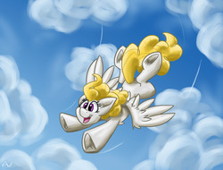 Size: 1118x849 | Tagged: safe, artist:luximus17, surprise, pegasus, pony, g1, g4, cloud, cute, female, flying, g1 to g4, generation leap, happy, mare, open mouth, sky, smiling, solo, spread wings, underhoof, wings
