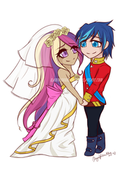 Size: 720x960 | Tagged: safe, artist:damnedromance, princess cadance, shining armor, human, g4, chibi, clothes, dress, eye contact, female, holding hands, humanized, looking at each other, male, signature, simple background, smiling, straight, wedding dress, white background