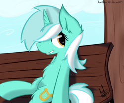 Size: 3000x2500 | Tagged: safe, artist:honeyheart23, lyra heartstrings, pony, g4, bench, female, high res, sitting, solo