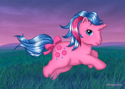 Size: 800x569 | Tagged: safe, artist:moogleymog, baby buttons, pony, unicorn, g1, baby buttonbetes, bow, cute, female, filly, foal, grass, grass field, night, running, solo, tail bow