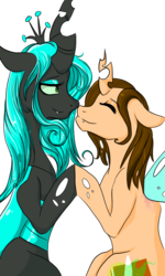 Size: 1200x2000 | Tagged: dead source, safe, artist:chibixii, queen chrysalis, oc, oc:poisoned soul, changeling, changeling queen, g4, boop, canon x oc, changelingified, female, noseboop, shipping
