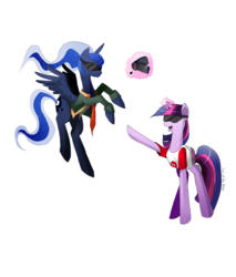 Size: 765x900 | Tagged: safe, artist:skyeypony, princess luna, twilight sparkle, g4, camera, clothes, crossover, dude that's my ghost, glowing horn, horn, magic, simple background, sunglasses, telekinesis, transparent background