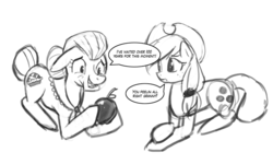 Size: 821x493 | Tagged: safe, artist:lumineko, applejack, granny smith, g4, apple, monochrome