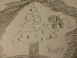 Size: 1632x1224 | Tagged: safe, artist:zygg, derpy hooves, pegasus, pony, g4, christmas tree, female, mare, monochrome, solo, traditional art, tree