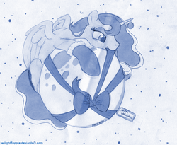 Size: 1100x900 | Tagged: safe, artist:foxxy-arts, princess luna, g4, female, monochrome, moon, mouth hold, solo, tangible heavenly object, traditional art