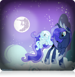 Size: 1024x1060 | Tagged: safe, artist:nightmarelunafan, princess luna, oc, oc:snowdrop, g4, cloud, mare in the moon, moon