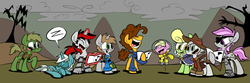 Size: 1024x341 | Tagged: safe, artist:joeywaggoner, cheese sandwich, oc, oc:blackjack, oc:dreamer, oc:hired gun, oc:littlepip, oc:murky, oc:prodigious peddler, oc:puppysmiles, oc:sun beam, cyborg, earth pony, pony, unicorn, fallout equestria, fallout equestria: heroes, fallout equestria: murky number seven, fallout equestria: pink eyes, fallout equestria: project horizons, g4, carols in the comments, clothes, commission, eyes closed, fanfic, fanfic art, female, filly, glowing horn, hazmat suit, hearth's warming, horn, jumpsuit, levitation, magic, male, mare, open mouth, pipbuck, saddle bag, sleeping, smiling, stallion, tales of a junk town pony peddler, telekinesis, vault suit, wasteland, weird al thread