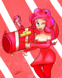 Size: 1024x1280 | Tagged: safe, artist:wolfy-pony, pinkie pie, human, g4, clothes, female, human ponidox, humanized, party cannon, santa costume, solo, wink