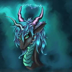 Size: 1700x1700 | Tagged: safe, artist:oksara, queen chrysalis, dragon, g4, bust, dragoness, dragonified, dragonlis, female, portrait, simple background, solo