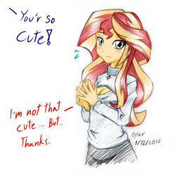 Size: 1024x1029 | Tagged: safe, artist:operationmank, sunset shimmer, equestria girls, g4, blatant lies, blushing, boob window, cleavage, clothes, cute, female, grammar error, i'm not cute, keyhole turtleneck, misspelling, modesty, open-chest sweater, shimmerbetes, solo, sweater, turtleneck