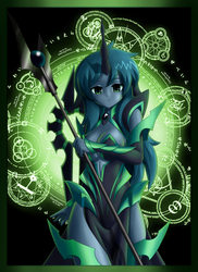 Size: 800x1100 | Tagged: safe, artist:operationmank, queen chrysalis, human, g4, breasts, cleavage, female, horn, horned humanization, humanized, sideboob, solo, underboob