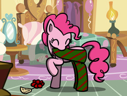 Size: 1280x960 | Tagged: safe, artist:flutterluv, pinkie pie, g4, female, gift wrapped, mouth hold, solo, wrapping paper