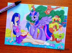 Size: 800x591 | Tagged: safe, artist:letquestria, artist:ltiachan, twilight sparkle, human, g4, duality, female, golden oaks library, human ponidox, humanized, promarker, solo, traditional art, twilight sparkle (alicorn)