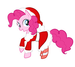 Size: 2000x1796 | Tagged: safe, artist:looji, pinkie pie, g4, christmas, clothes, female, hat, holiday, looking at you, mare, open mouth, santa costume, santa hat, simple background, socks