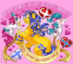 Size: 700x611 | Tagged: safe, artist:anniemsson, cupcake (g1), truly, oc, oc:swerker, g1, 2007, balloon, banner, blushing, bow, clothes, danish flag, denmark, female, filly, finland, finnish flag, foal, hat, leg warmers, male, nation ponies, norway, norwegian flag, party hat, pink background, ponified, rearing, simple background, stallion, sweden, swedish flag, swedish mlp meet, tail, tail bow, trio, unshorn fetlocks