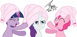 Size: 900x435 | Tagged: safe, artist:bluse, pinkie pie, rarity, twilight sparkle, earth pony, pony, unicorn, g4, :c, background removed, female, frown, grumpy, show accurate, signature, simple background, towel, unicorn twilight, white background