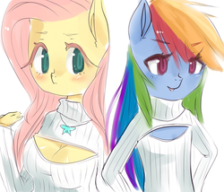 Size: 1280x1095 | Tagged: safe, artist:marinakirby, fluttershy, rainbow dash, anthro, g4, blushing, boob window, breasts, busty fluttershy, clothes, delicious flat chest, female, keyhole turtleneck, open-chest sweater, rainbow flat, sweater, sweatershy, turtleneck