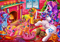 Size: 750x530 | Tagged: safe, artist:anniemsson, brandy, dibbles, gingerbread, nibbles, so soft twilight, sparkler (g1), spike, tic tac toe (g1), twilight, twinkles, cat, dog, dragon, earth pony, pegasus, pony, twinkle eyed pony, unicorn, g1, g4, blushing, bow, candle, christmas, clothes, cookie, decoration, female, filly, fireplace, foal, horn, male, mare, newborn twins, rearing, snow, snowfall, stockings, tail, tail bow
